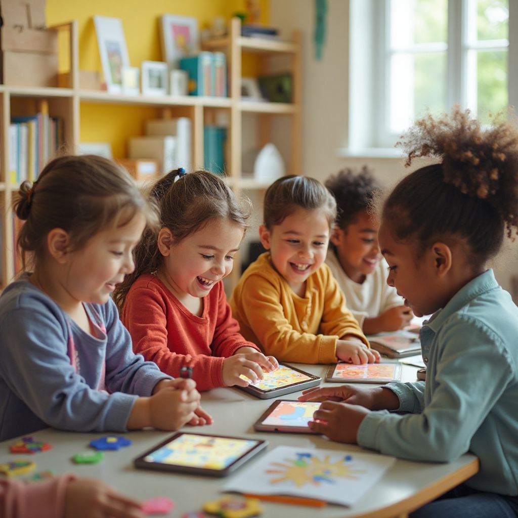 Children playing educational games on tablets